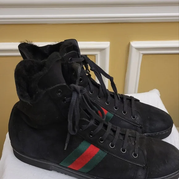 Gucci "Ace" Black Suede With Fur Hi-Top Trainers Size 41/ US 11